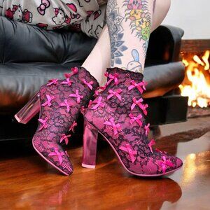 Sugar Thrillz ✦ Rubina Portrait Booties ✦ Pink Lace w/ Satin Bows & Transparent